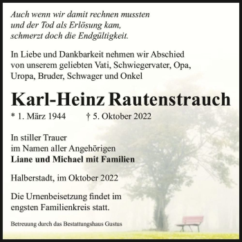 Traueranzeige von Karl-Heinz Rautenstrauch  von Magdeburger Volksstimme