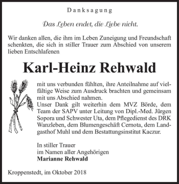 Traueranzeige von Karl-Heinz Rehwald  von Magdeburger Volksstimme