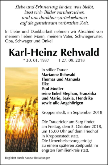 Traueranzeige von Karl-Heinz Rehwald  von Magdeburger Volksstimme