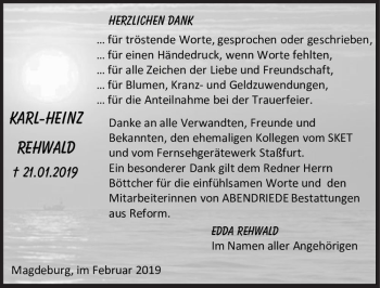 Traueranzeige von Karl-Heinz Rehwald  von Magdeburger Volksstimme