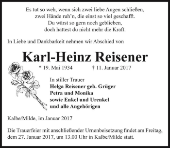 Traueranzeige von Karl-Heinz Reisener  von Magdeburger Volksstimme
