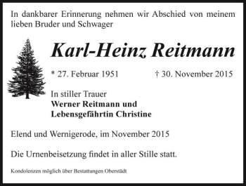 Traueranzeige von Karl-Heinz Reitmann  von Magdeburger Volksstimme