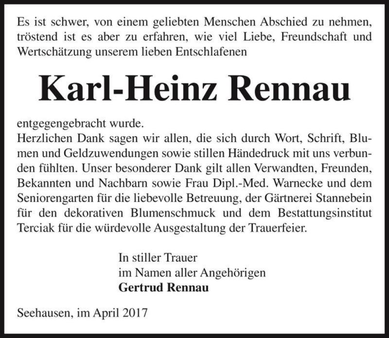  Traueranzeige für Karl-Heinz Rennau  vom 15.04.2017 aus Magdeburger Volksstimme