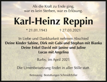 Traueranzeige von Karl-Heinz Reppin  von Magdeburger Volksstimme