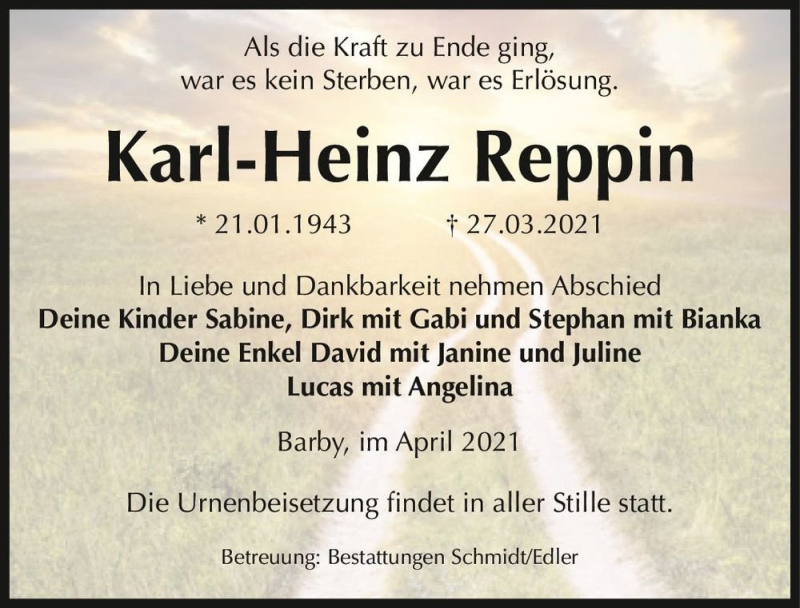  Traueranzeige für Karl-Heinz Reppin  vom 10.04.2021 aus Magdeburger Volksstimme
