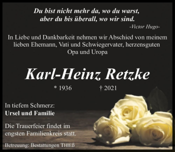 Traueranzeige von Karl-Heinz Retzke  von Magdeburger Volksstimme