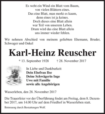 Traueranzeige von Karl-Heinz Reuscher  von Magdeburger Volksstimme