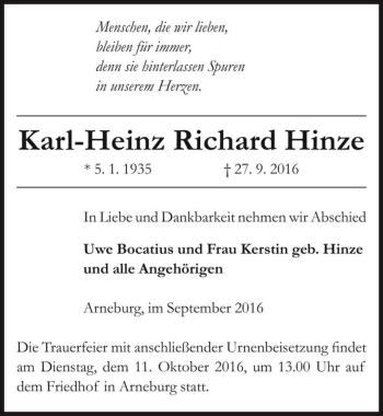 Traueranzeige von Karl-Heinz Richard Hinze  von Magdeburger Volksstimme