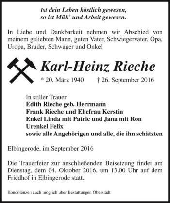 Traueranzeige von Karl-Heinz Rieche  von Magdeburger Volksstimme