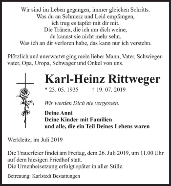 Traueranzeige von Karl-Heinz Rittweger  von Magdeburger Volksstimme