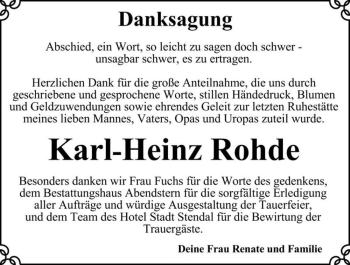 Traueranzeige von Karl-Heinz Rohde  von Magdeburger Volksstimme