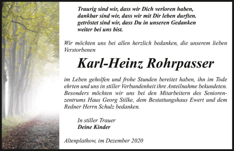  Traueranzeige für Karl-Heinz Rohrpasser  vom 02.01.2021 aus Magdeburger Volksstimme