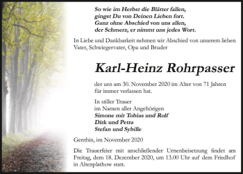 Traueranzeige von Karl-Heinz Rohrpasser  von Magdeburger Volksstimme