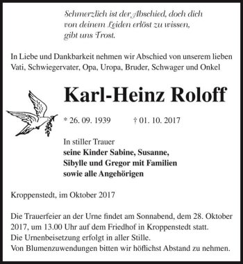 Traueranzeige von Karl-Heinz Roloff  von Magdeburger Volksstimme