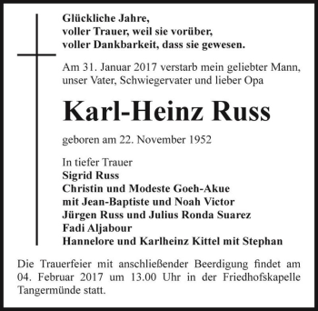 Traueranzeige von Karl-Heinz Russ  von Magdeburger Volksstimme