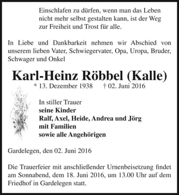 Traueranzeige von Karl-Heinz Röbbel (Kalle)  von Magdeburger Volksstimme