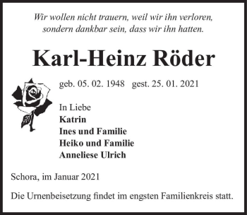 Traueranzeige von Karl-Heinz Röder  von Magdeburger Volksstimme