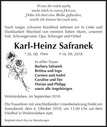 Traueranzeige von Karl-Heinz Safranek  von Magdeburger Volksstimme