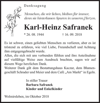Traueranzeige von Karl-Heinz Safranek  von Magdeburger Volksstimme
