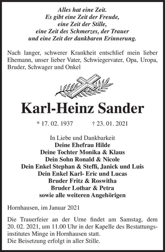  Traueranzeige für Karl-Heinz Sander  vom 06.02.2021 aus Magdeburger Volksstimme