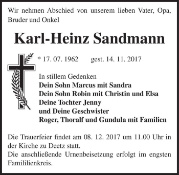 Traueranzeige von Karl-Heinz Sandmann  von Magdeburger Volksstimme