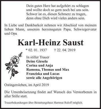 Traueranzeige von Karl-Heinz Saust  von Magdeburger Volksstimme