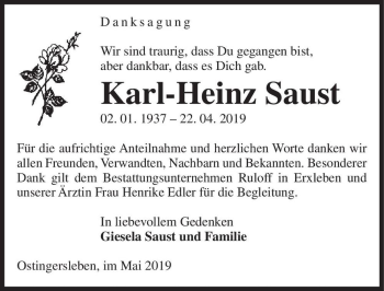 Traueranzeige von Karl-Heinz Saust  von Magdeburger Volksstimme
