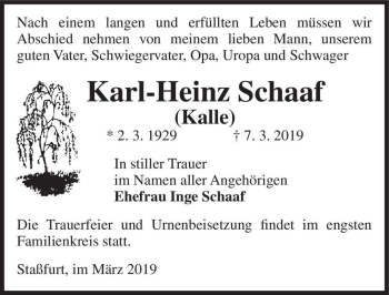 Traueranzeige von Karl-Heinz Schaaf (Kalle)  von Magdeburger Volksstimme