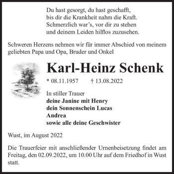Traueranzeige von Karl-Heinz Schenk  von Magdeburger Volksstimme