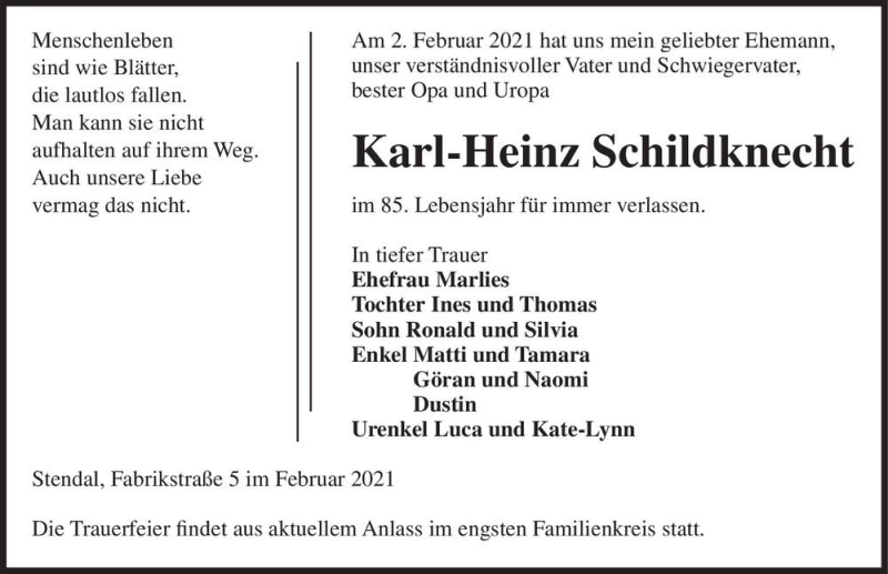  Traueranzeige für Karl-Heinz Schildknecht  vom 17.02.2021 aus Magdeburger Volksstimme
