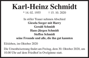 Traueranzeige von Karl-Heinz Schmidt  von Magdeburger Volksstimme