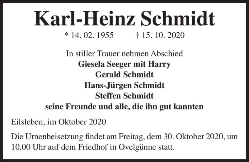  Traueranzeige für Karl-Heinz Schmidt  vom 24.10.2020 aus Magdeburger Volksstimme