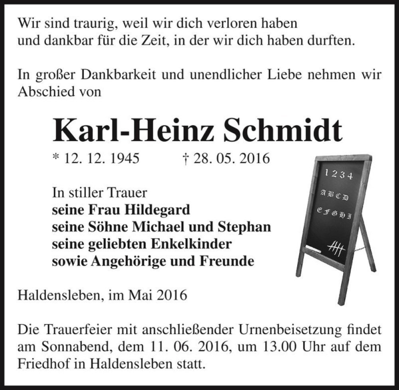  Traueranzeige für Karl-Heinz Schmidt  vom 04.06.2016 aus Magdeburger Volksstimme