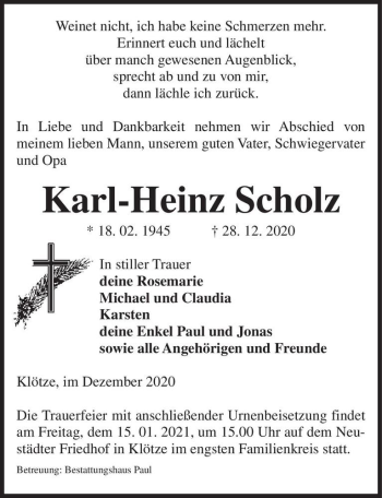 Traueranzeige von Karl-Heinz Scholz  von Magdeburger Volksstimme