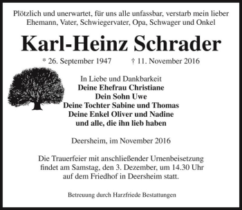 Traueranzeige von Karl-Heinz Schrader  von Magdeburger Volksstimme
