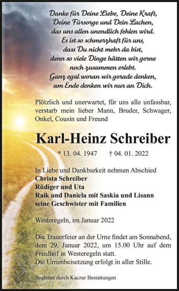 Traueranzeige von Karl-Heinz Schreiber  von Magdeburger Volksstimme