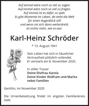 Traueranzeige von Karl-Heinz Schröder  von Magdeburger Volksstimme