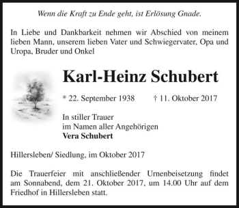 Traueranzeige von Karl-Heinz Schubert  von Magdeburger Volksstimme