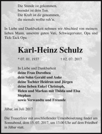 Traueranzeige von Karl-Heinz Schulz  von Magdeburger Volksstimme