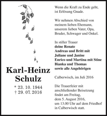 Traueranzeige von Karl-Heinz Schulz  von Magdeburger Volksstimme
