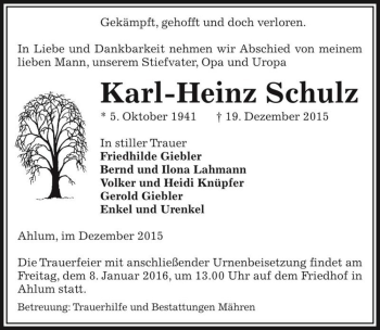 Traueranzeige von Karl-Heinz Schulz  von Magdeburger Volksstimme