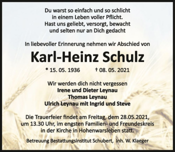 Traueranzeige von Karl-Heinz Schulz  von Magdeburger Volksstimme