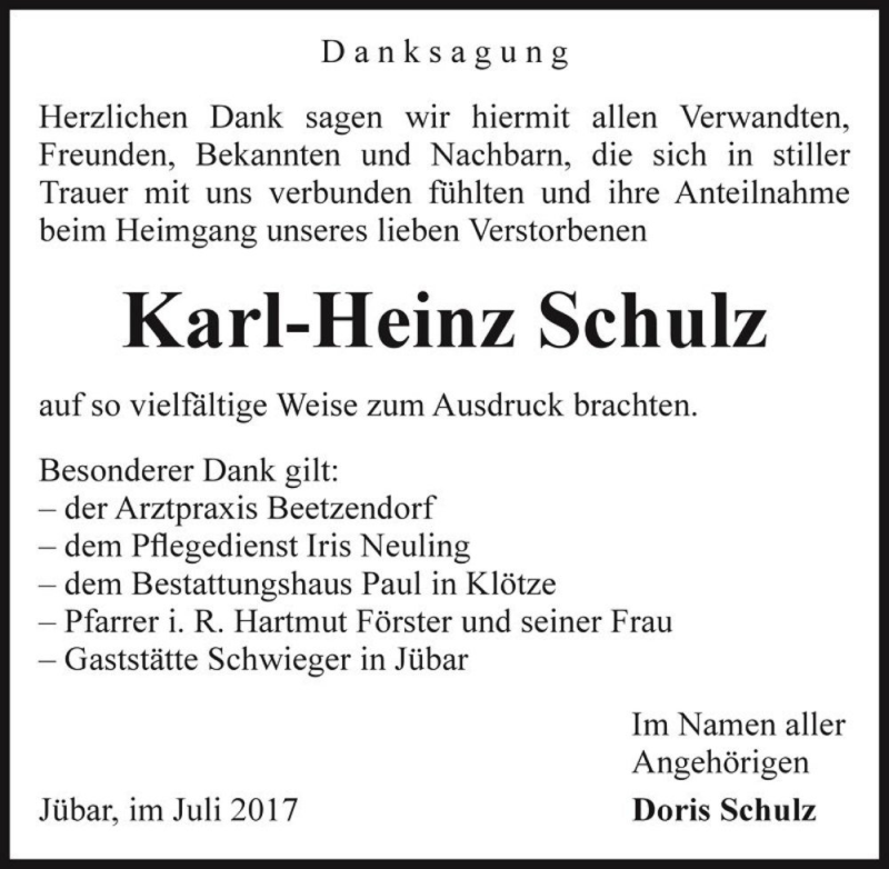  Traueranzeige für Karl-Heinz Schulz  vom 26.07.2017 aus Magdeburger Volksstimme