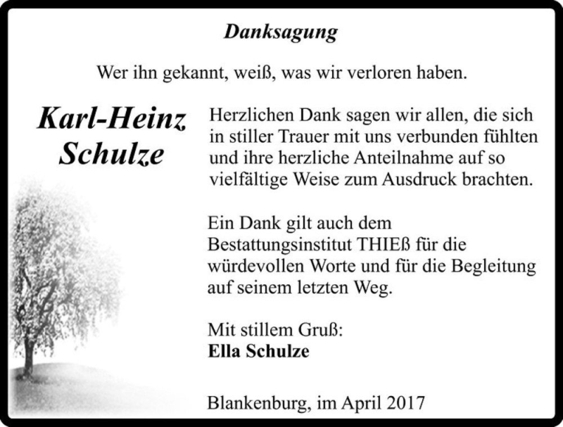  Traueranzeige für Karl-Heinz Schulze  vom 28.04.2017 aus Magdeburger Volksstimme