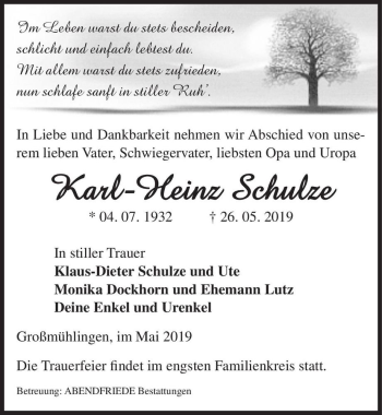 Traueranzeige von Karl-Heinz Schulze  von Magdeburger Volksstimme