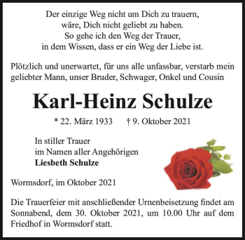 Traueranzeige von Karl-Heinz Schulze  von Magdeburger Volksstimme