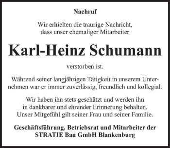 Traueranzeige von Karl-Heinz Schumann  von Magdeburger Volksstimme