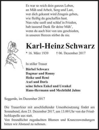 Traueranzeige von Karl-Heinz Schwarz  von Magdeburger Volksstimme