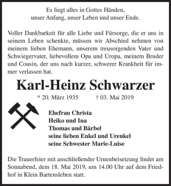 Traueranzeige von Karl-Heinz Schwarzer  von Magdeburger Volksstimme