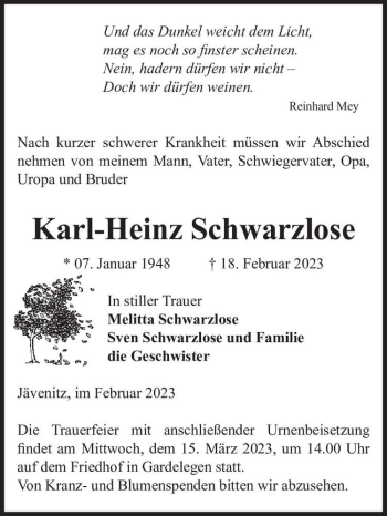 Traueranzeige von Karl-Heinz Schwarzlose  von Magdeburger Volksstimme
